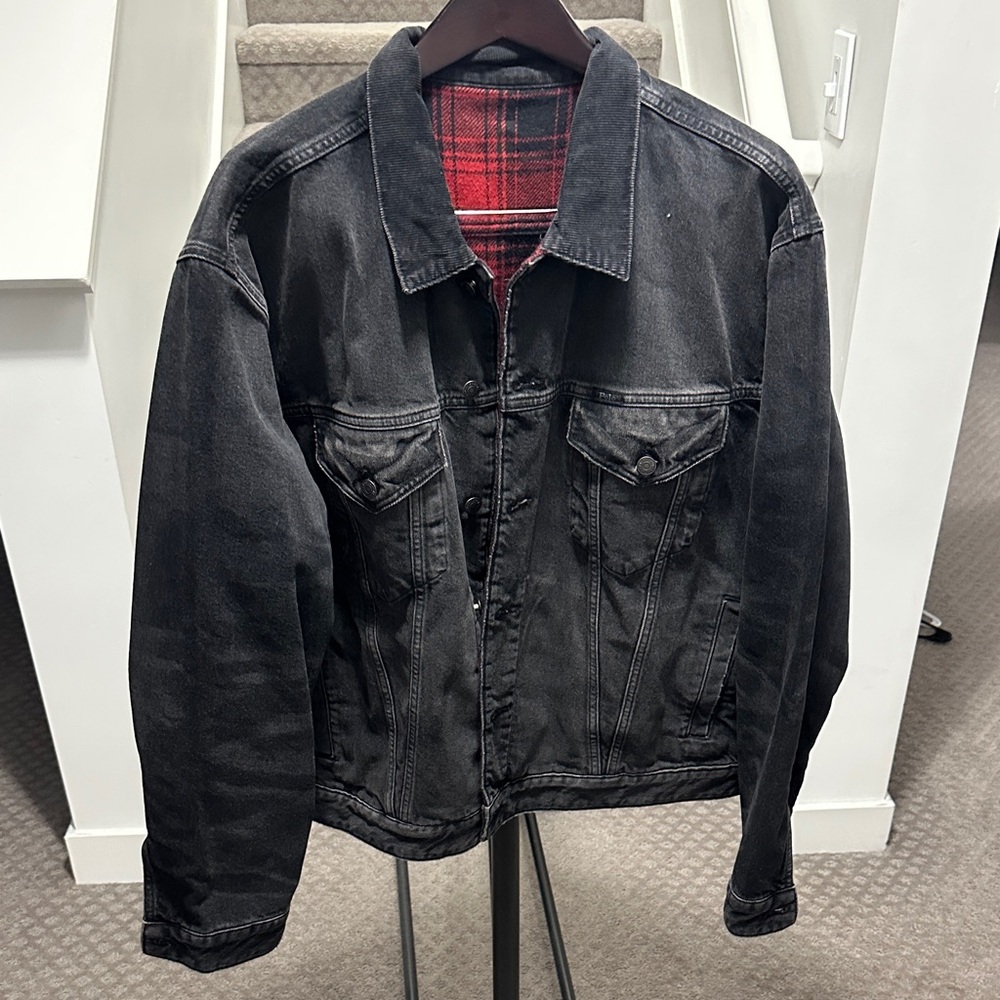 Reversible Polo Ralph Lauren Black trucker Jean Jacket with Red Plaid Lining
